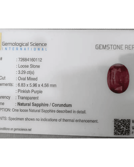 3.29ct GSI Certified Pink Purple Ceylon Sapphire - SMSGEMS 