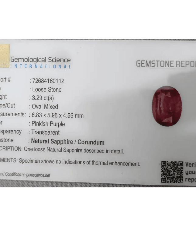 3.29ct GSI Certified Pink Purple Ceylon Sapphire - SMSGEMS 