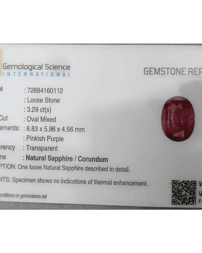 3.29ct GSI Certified Pink Purple Ceylon Sapphire - SMSGEMS 