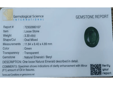 GSI Certified 3.30ct Deep Vibrant Green Zambian Emerald, Natural Gemstone - SMSGEMS 