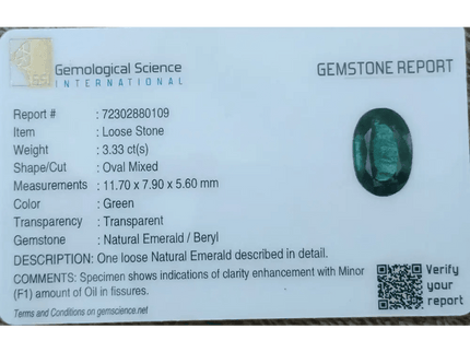 GSI Certified 3.33ct Full Luster Deep Green Zambian Emerald , Natural Earth Mined Gemstone. - SMSGEMS 