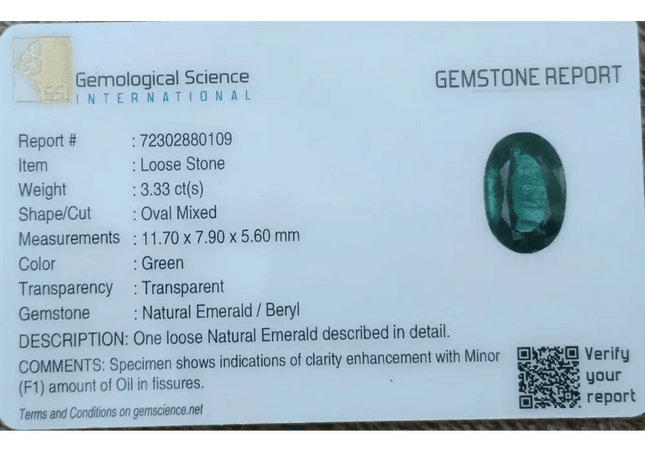 GSI Certified 3.33ct Full Luster Deep Green Zambian Emerald , Natural Earth Mined Gemstone. - SMSGEMS 