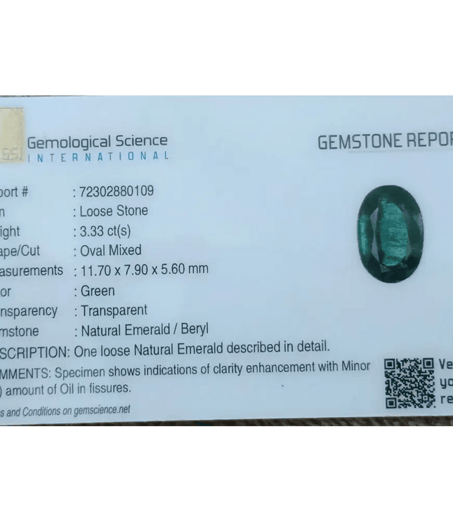 GSI Certified 3.33ct Full Luster Deep Green Zambian Emerald , Natural Earth Mined Gemstone. - SMSGEMS 