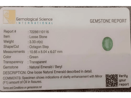 3.33ct Seafoam Green Emerald Certified by GSI - SMSGEMS 
