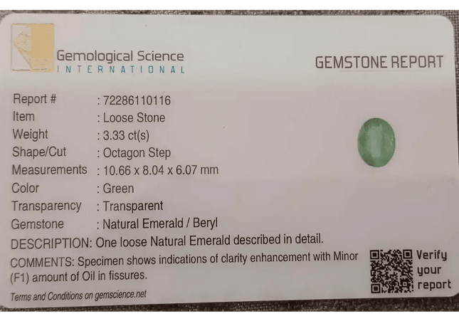 3.33ct Seafoam Green Emerald Certified by GSI - SMSGEMS 