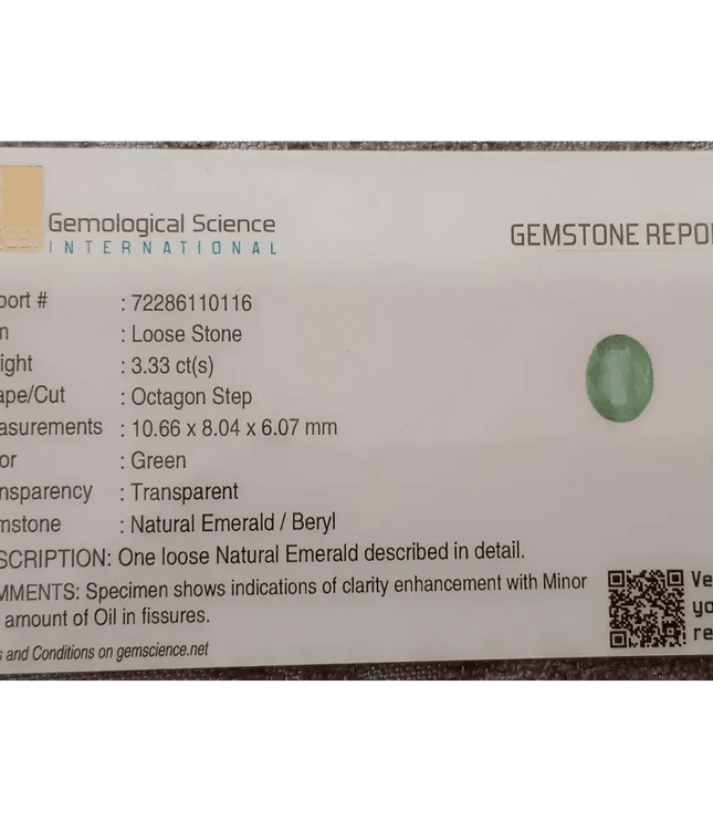 3.33ct Seafoam Green Emerald Certified by GSI - SMSGEMS 