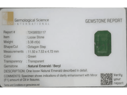 3.38ct Velvet Green Emerald GSI Certified - SMSGEMS 