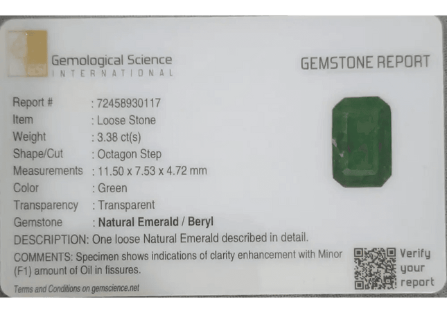 3.38ct Velvet Green Emerald GSI Certified - SMSGEMS 