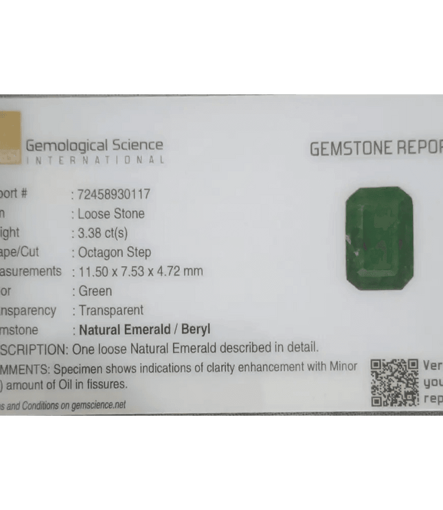 3.38ct Velvet Green Emerald GSI Certified - SMSGEMS 