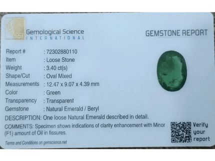 GSI Certified 3.40ct Zambian Emerald, 100% Natural Gemstone - SMSGEMS 