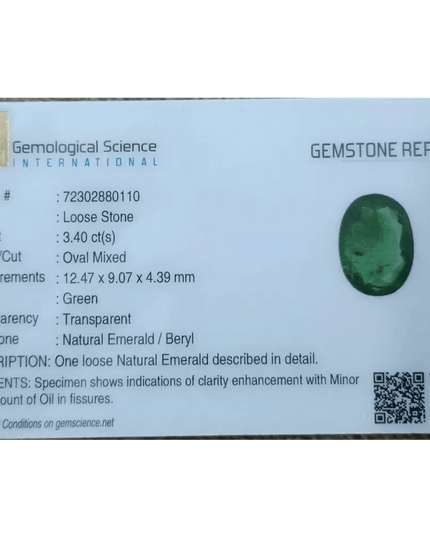 GSI Certified 3.40ct Zambian Emerald, 100% Natural Gemstone - SMSGEMS 
