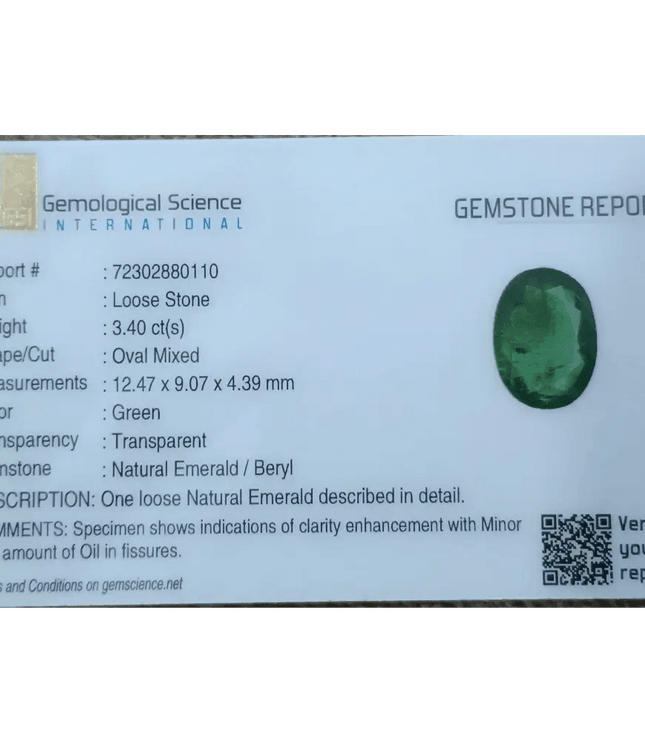 GSI Certified 3.40ct Zambian Emerald, 100% Natural Gemstone - SMSGEMS 
