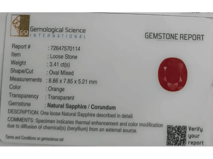 GSI Certified 3.41ct Orange Sapphire, Natural Gemstone - SMSGEMS 