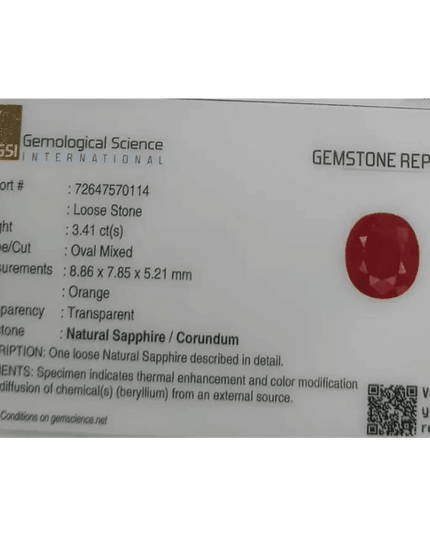 GSI Certified 3.41ct Orange Sapphire, Natural Gemstone - SMSGEMS 