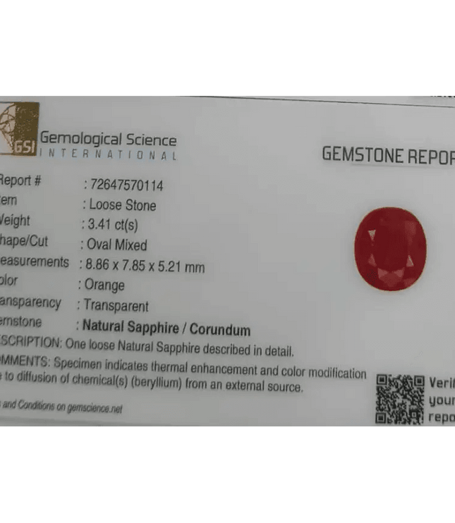 GSI Certified 3.41ct Orange Sapphire, Natural Gemstone - SMSGEMS 