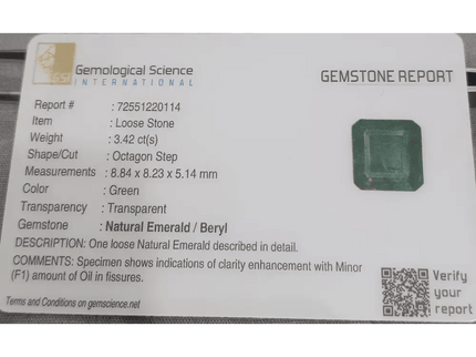 3.42ct Deep Green Emerald certified by GSI - SMSGEMS 