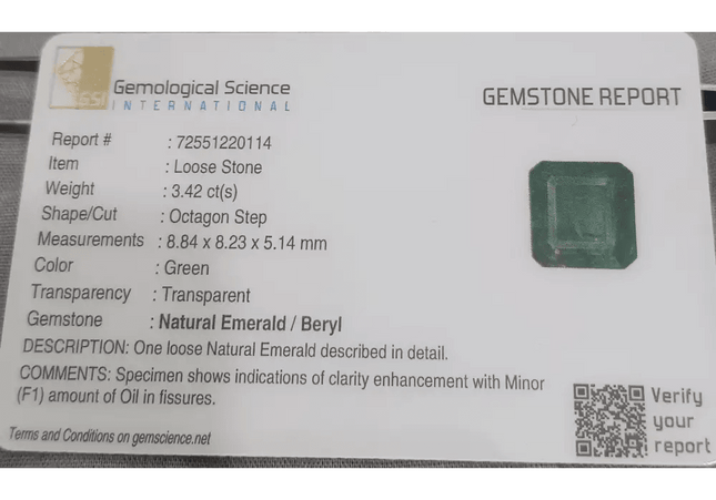 3.42ct Deep Green Emerald certified by GSI - SMSGEMS 