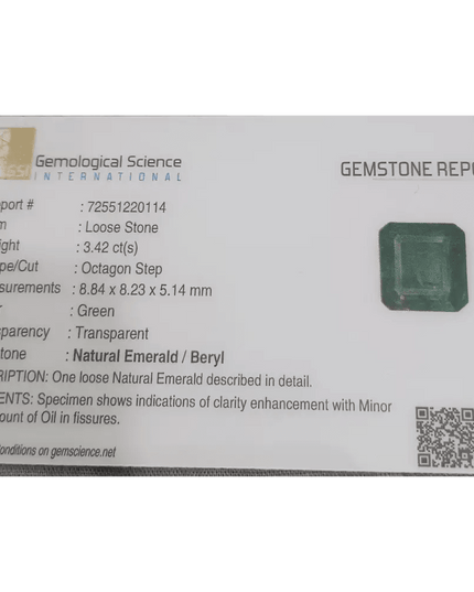 3.42ct Deep Green Emerald certified by GSI - SMSGEMS 