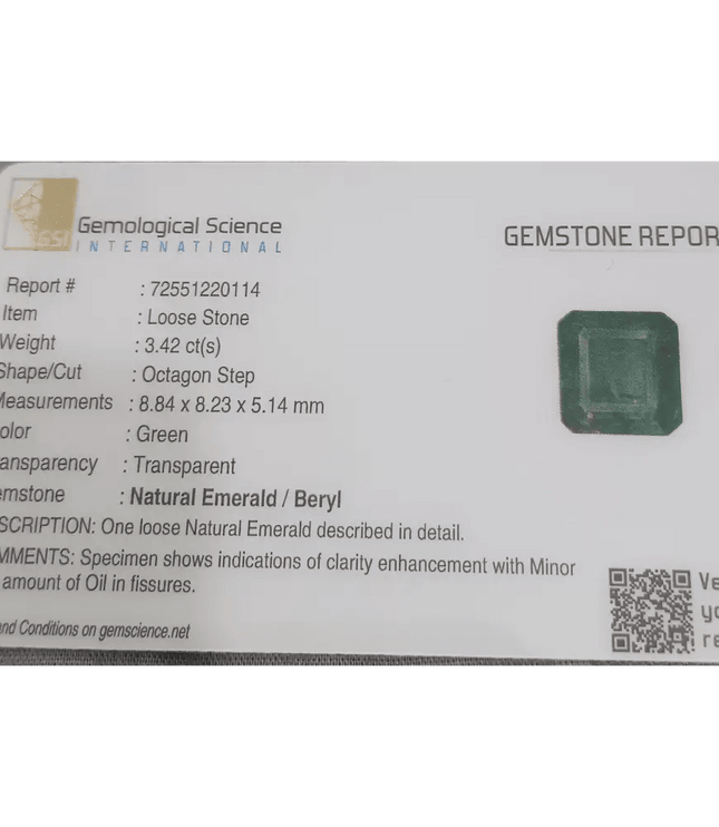 3.42ct Deep Green Emerald certified by GSI - SMSGEMS 