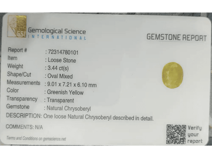 GSI Certified 3.44ct Intense Greenish Yellow Sri Lanka Chrysoberyl, 100% Natural Earth Mined untreated Gemstone - SMSGEMS 