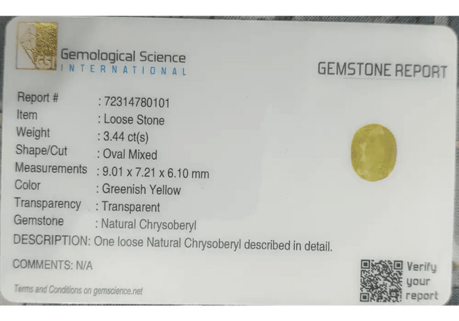 GSI Certified 3.44ct Intense Greenish Yellow Sri Lanka Chrysoberyl, 100% Natural Earth Mined untreated Gemstone - SMSGEMS 