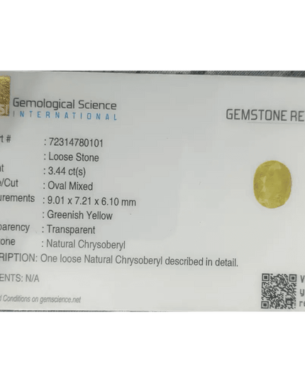 GSI Certified 3.44ct Intense Greenish Yellow Sri Lanka Chrysoberyl, 100% Natural Earth Mined untreated Gemstone - SMSGEMS 
