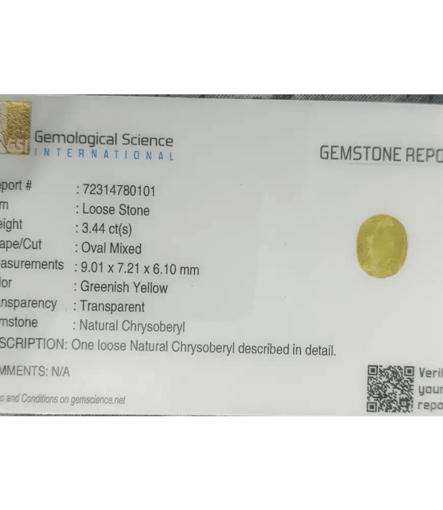 GSI Certified 3.44ct Intense Greenish Yellow Sri Lanka Chrysoberyl, 100% Natural Earth Mined untreated Gemstone - SMSGEMS 