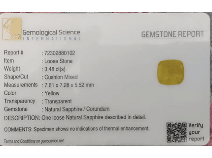 GSI Certified 3.48ct Vivid Yellow Sapphire, Natural untreated Gemstone - SMSGEMS 