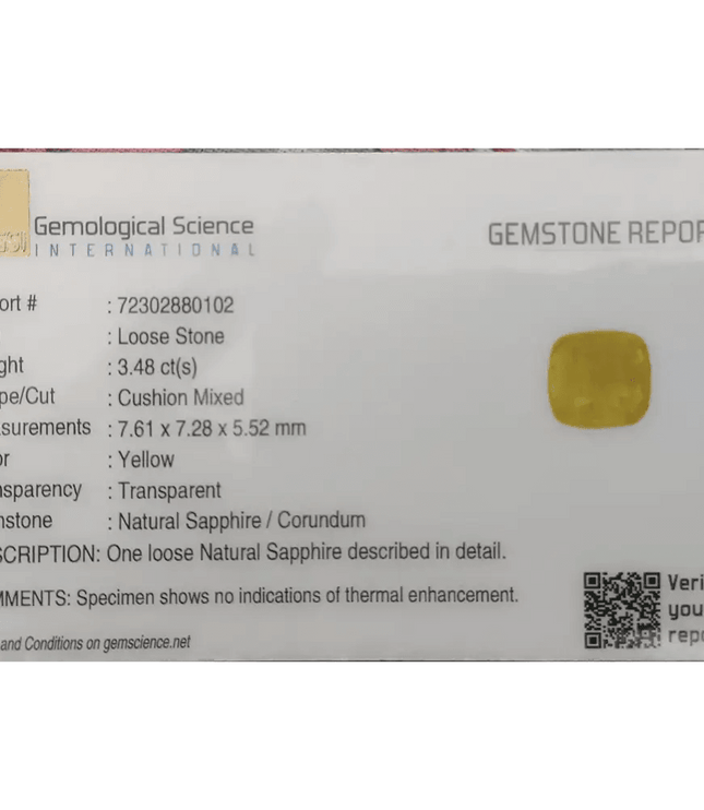 GSI Certified 3.48ct Vivid Yellow Sapphire, Natural untreated Gemstone - SMSGEMS 