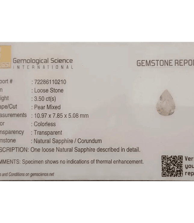 GSI Certified 3.50ct White Sapphire, Natural Untreated Gemstone - SMSGEMS 