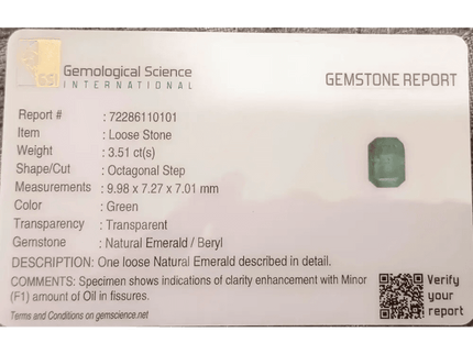 GSI Certified 3.51ct Zambian Emerald , 100% Natural Gem - SMSGEMS 