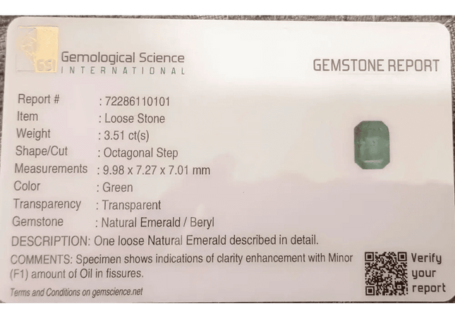 GSI Certified 3.51ct Zambian Emerald , 100% Natural Gem - SMSGEMS 