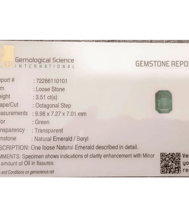 GSI Certified 3.51ct Zambian Emerald , 100% Natural Gem - SMSGEMS 