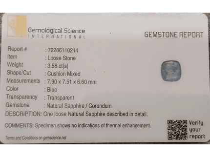GSI Certified 3.58ct Blue Ceylon Sapphire, Natural untreated Gemstone - SMSGEMS 