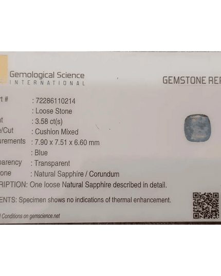 GSI Certified 3.58ct Blue Ceylon Sapphire, Natural untreated Gemstone - SMSGEMS 