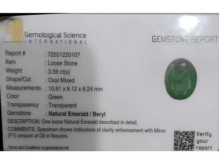 3.59ct Zambian Emerald Natural GSI Certified - SMSGEMS 