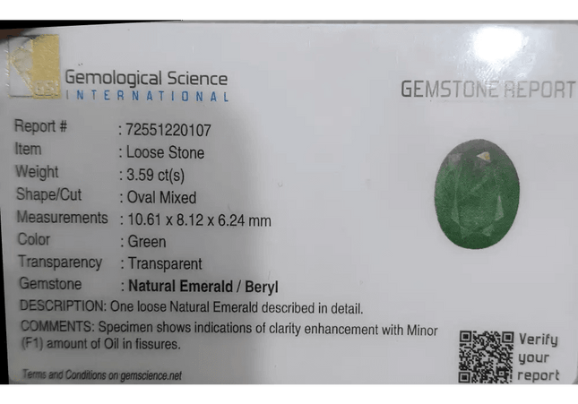 3.59ct Zambian Emerald Natural GSI Certified - SMSGEMS 