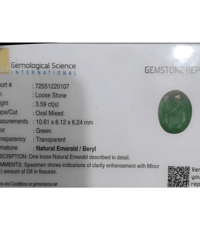 3.59ct Zambian Emerald Natural GSI Certified - SMSGEMS 
