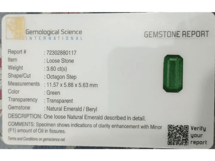 GSI Certified 3.60ct Medium Vivid Green Swat Emerald , 100% Natural Earth Mined Gem. - SMSGEMS 