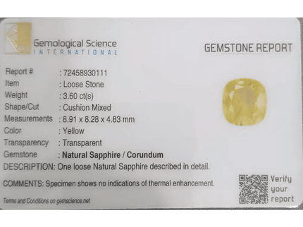 3.60ct Natural Ceylon Yellow Sapphire GSI Certified - SMSGEMS 