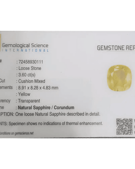 3.60ct Natural Ceylon Yellow Sapphire GSI Certified - SMSGEMS 