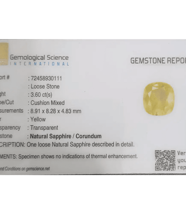 3.60ct Natural Ceylon Yellow Sapphire GSI Certified - SMSGEMS 
