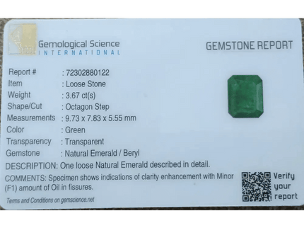 GSI Certified 3.67ct Medium Deep Green Zambian Emerald , Natural Earth Mined Gemstone. - SMSGEMS 