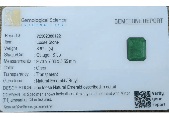 GSI Certified 3.67ct Medium Deep Green Zambian Emerald , Natural Earth Mined Gemstone. - SMSGEMS 