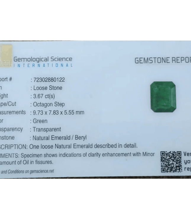GSI Certified 3.67ct Medium Deep Green Zambian Emerald , Natural Earth Mined Gemstone. - SMSGEMS 