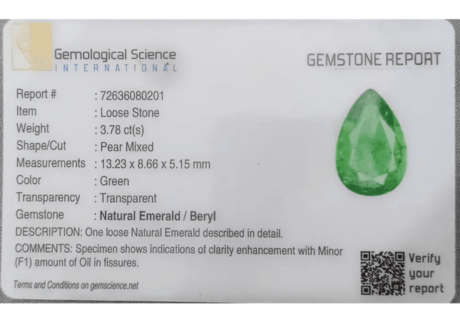 3.78ct GSI Certified Natural Deep Green Emerald - SMSGEMS 