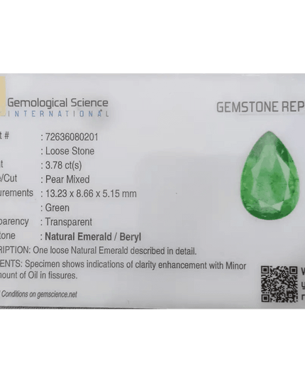 3.78ct GSI Certified Natural Deep Green Emerald - SMSGEMS 