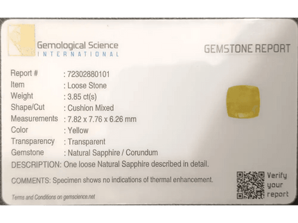 GSI Certified 3.85ct Vivid Yellow Sapphire, Natural Untreated Gemstone. - SMSGEMS 