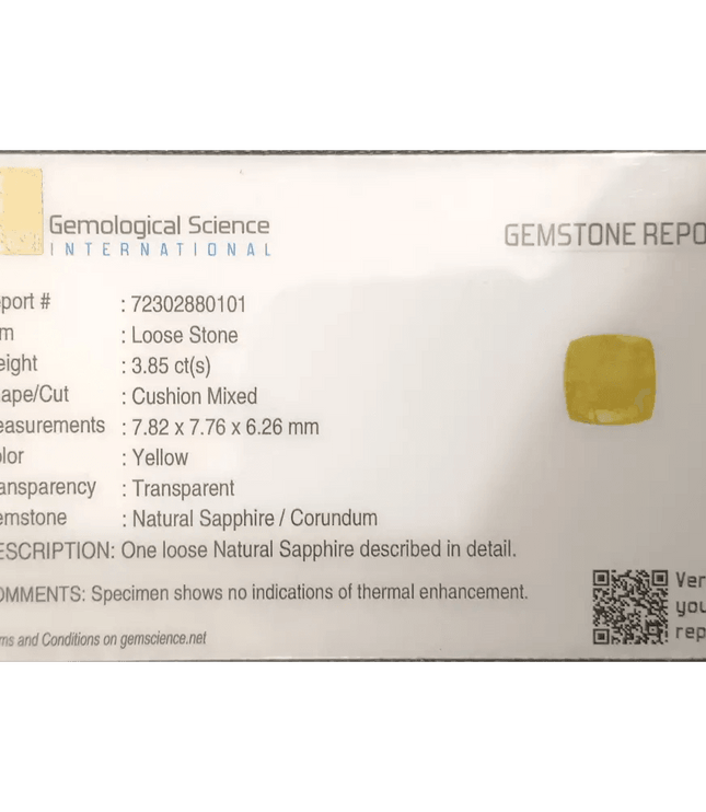 GSI Certified 3.85ct Vivid Yellow Sapphire, Natural Untreated Gemstone. - SMSGEMS 