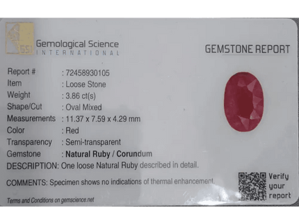 3.86ct Ruby Untreated Gemstone GSI Certified - SMSGEMS 